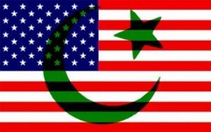 American flag with green Star and Crescent superimposed