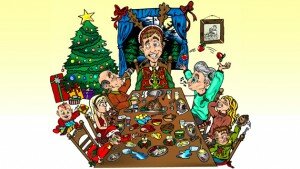 Cartoon of a raucous family Christmas dinner