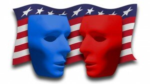 Illustration of two masks, red and blue, face each other with a backdrop of stars and stripes