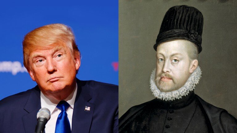 Side by side pictures of Donald Trump and a portrait of King Philip II of Spain