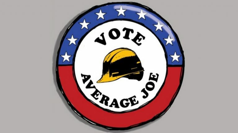 Cartoon of a campaign button reading "VOTE AVERAGE JOE"