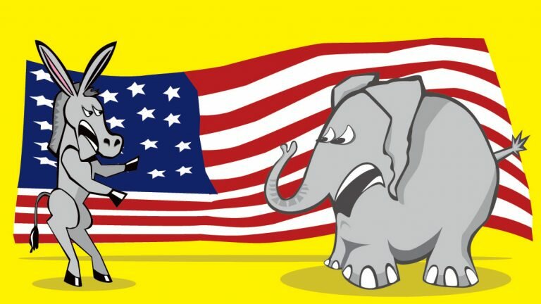 Cartoon of a donkey and an elephant facing off, with a backdrop of a U.S. flag