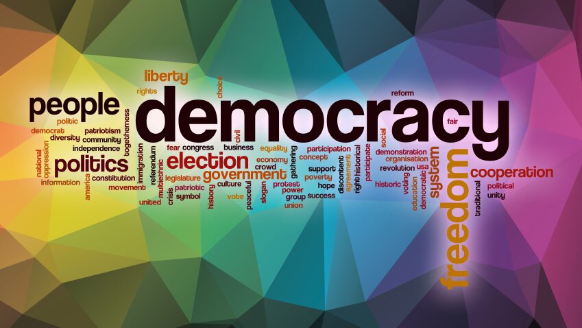 Word cloud; words are about politics. Biggest words are democracy, freedom, people, politics, election, government, cooperation, liberty