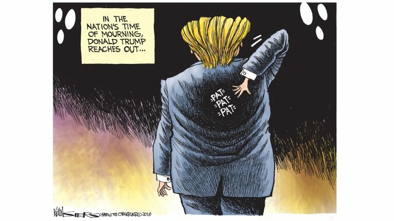 Cartoon depicts Donald Trump patting himself on the back, with the caption 