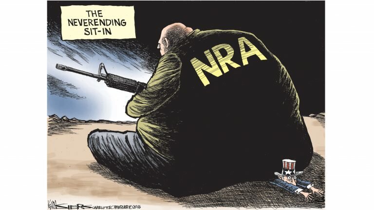 Cartoon titled "The Neverending Sit-in" shows a hulking figure with a gun, with "NRA" across its back, sitting on a tiny Uncle Sam. By Kevin Siers of The Charlotte Observer.