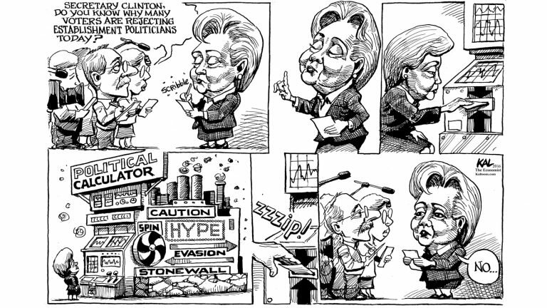 Political cartoon: Hillary Clinton is asked if she knows why so many voters are rejecting establishment politicians. She consults a giant machine labeled "Political Calculator" with signs on it for "Spin", "Hype", "Evasion", and "Stonewall" before answering "No".