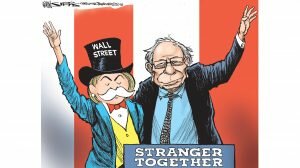 Cartoon depicts Hillary Clinton and Bernie Sanders together at a podium labeled "Stranger Together". Hillary is dressed like the character from the game "Monopoly" with a top hat reading "Wall Street".