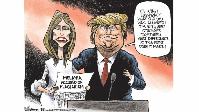 Cartoon shows Donald Trump and his wife, Melania, at a podium. Melania holds a newspaper with the headline 