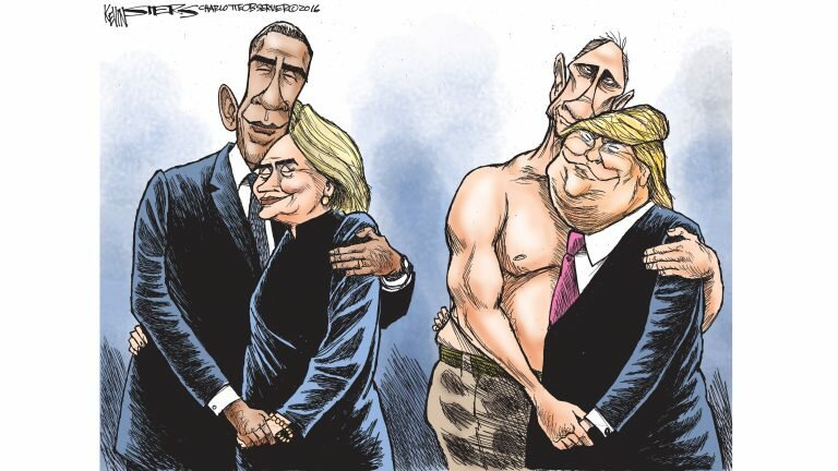 Cartoon depicts two couples hugging: Hillary Clinton and Barack Obama; Donald Trump and Vladimir Putin.