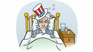 Cartoon showing "Uncle Sam" sick in bed