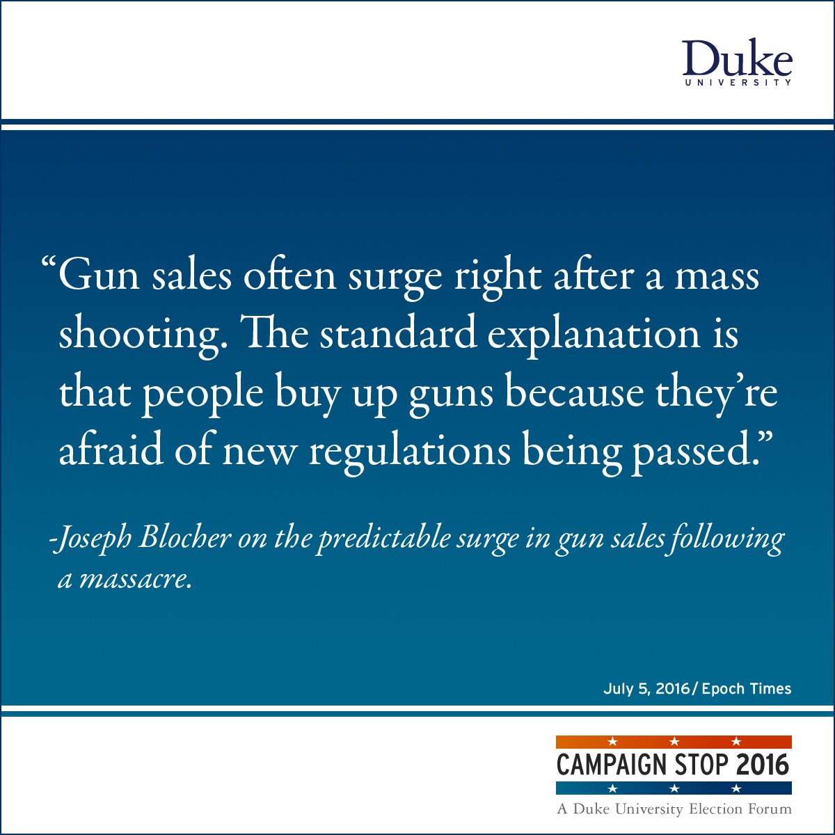 “Gun sales often surge right after a mass shooting. The standard explanation is that people buy up guns because they’re afraid of new regulations being passed.” -Joseph Blocher on the predictable surge in gun sales following a massacre.