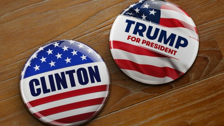 Campaign buttons for Clinton and Trump