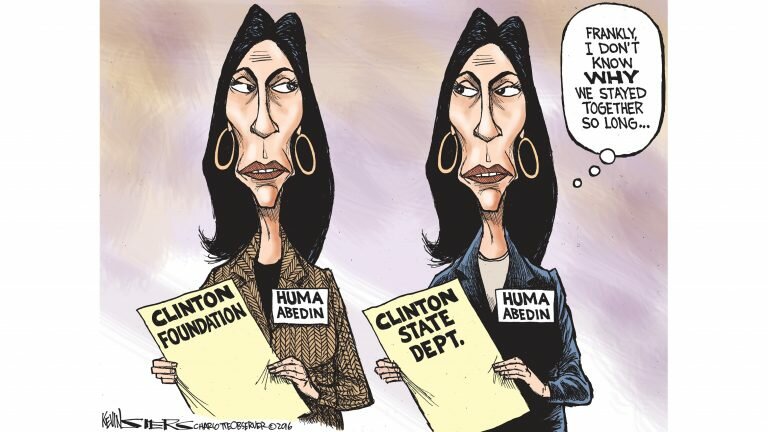 Cartoon shows two figures of Huma Abedin standing side by side. One holds a paper labeled 