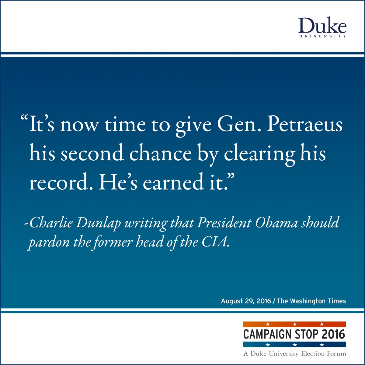 “It’s now time to give Gen. Petraeus his second chance by clearing his record. He’s earned it.” -Charlie Dunlap writing that President Obama should pardon the former head of the CIA.