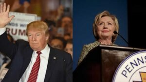 Side-by-side images of Donald Trump and Hillary Clinton
