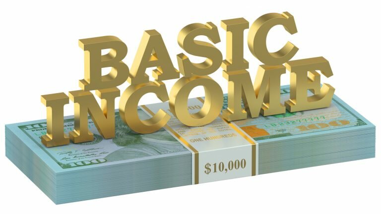Illustration shows the words "BASIC INCOME" on a stack of dollar bills with a label of "$10,000"