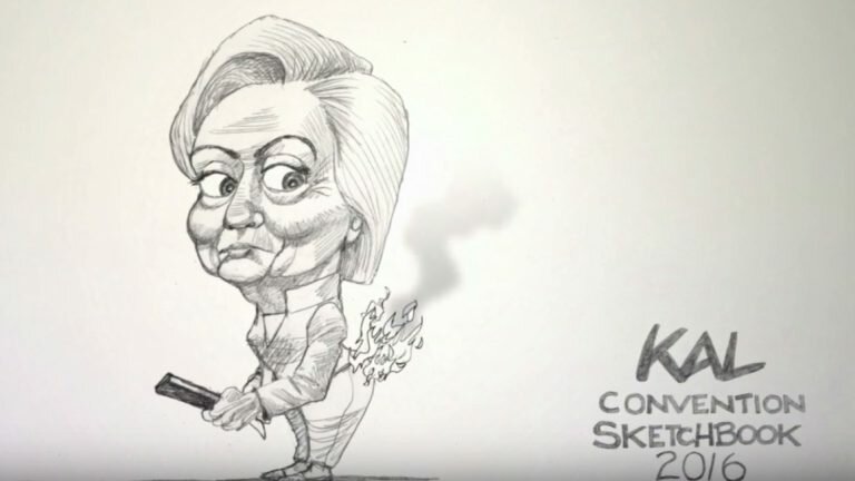 Cartoon of Hillary Clinton with her pants on fire. Cartoon labeled "KAL Convention Sketchbook 2016"