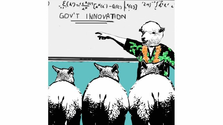 Cartoon shows a sheep teaching other sheep. The teacher points to a whiteboard with a complex equation and the phrase 