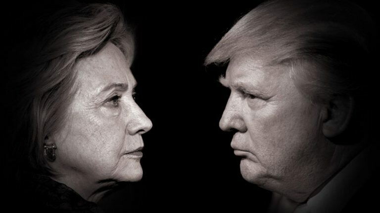 Photomontage of Clinton and Trump facing each other