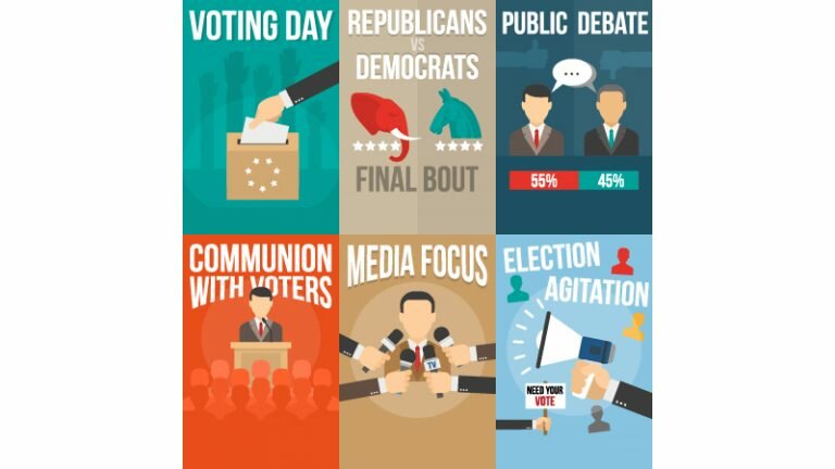 Illustration with 6 sections, showing Voting Day, Republicans vs. Democrats Final Bout, Public Debate, Communion with Voters, Media Focus, Election Agitation
