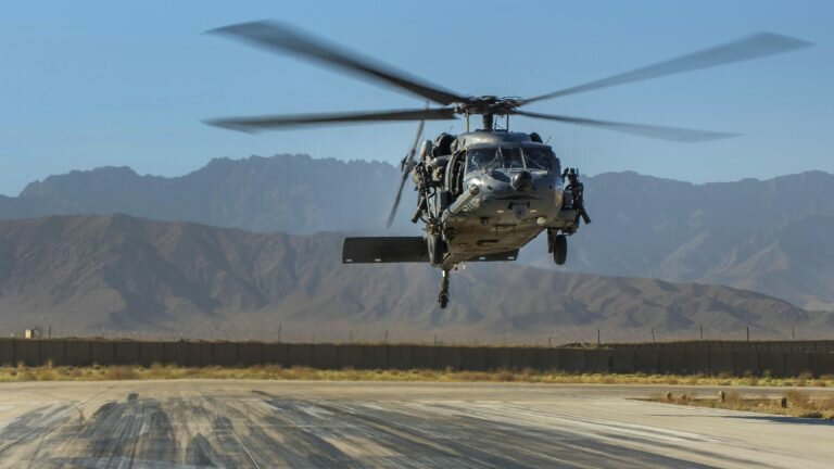 U.S. helicopter landing at Bagram air field in Afghanistan.
