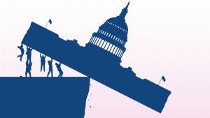Illustration shows silhouette of a group of people tipping over the Congress building